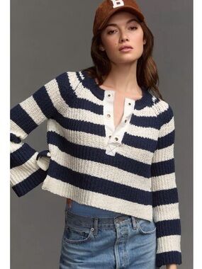 Pilcro Anthropologie Navy Stripe Cropped Henley Sweater Nautical Knit Size M